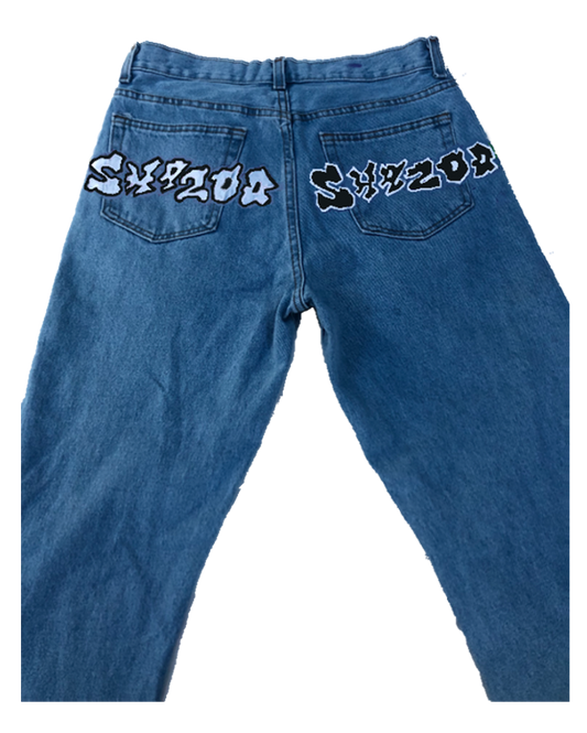 Hand painted regular fit SHAZOO denim jeans white and black SIZE UP 2-3 TIMES FOR BAGGY LOOK