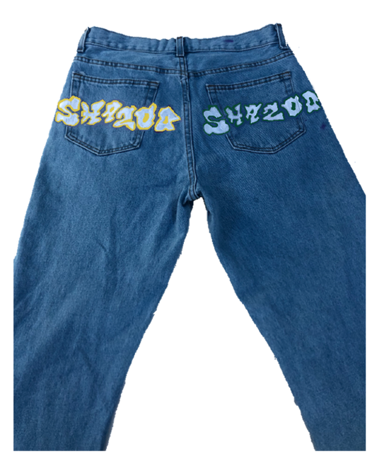 Hand painted regular fit SHAZOO denim jeans yellow and green SIZE UP 2-3 TIMES FOR BAGGY LOOK