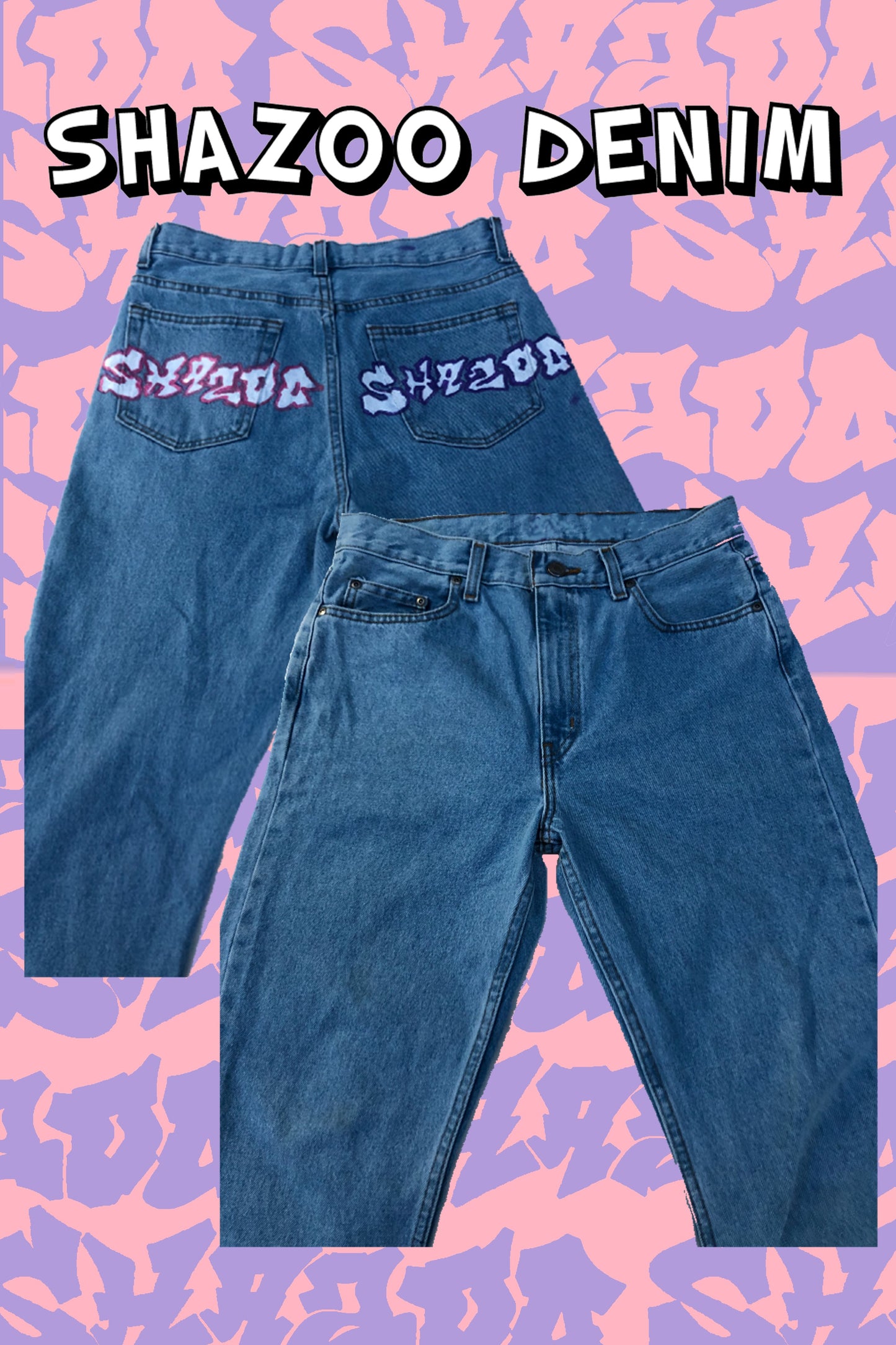 Hand painted regular fit SHAZOO denim jeans pink and purple SIZE UP 2-3 TIMES FOR BAGGY LOOK