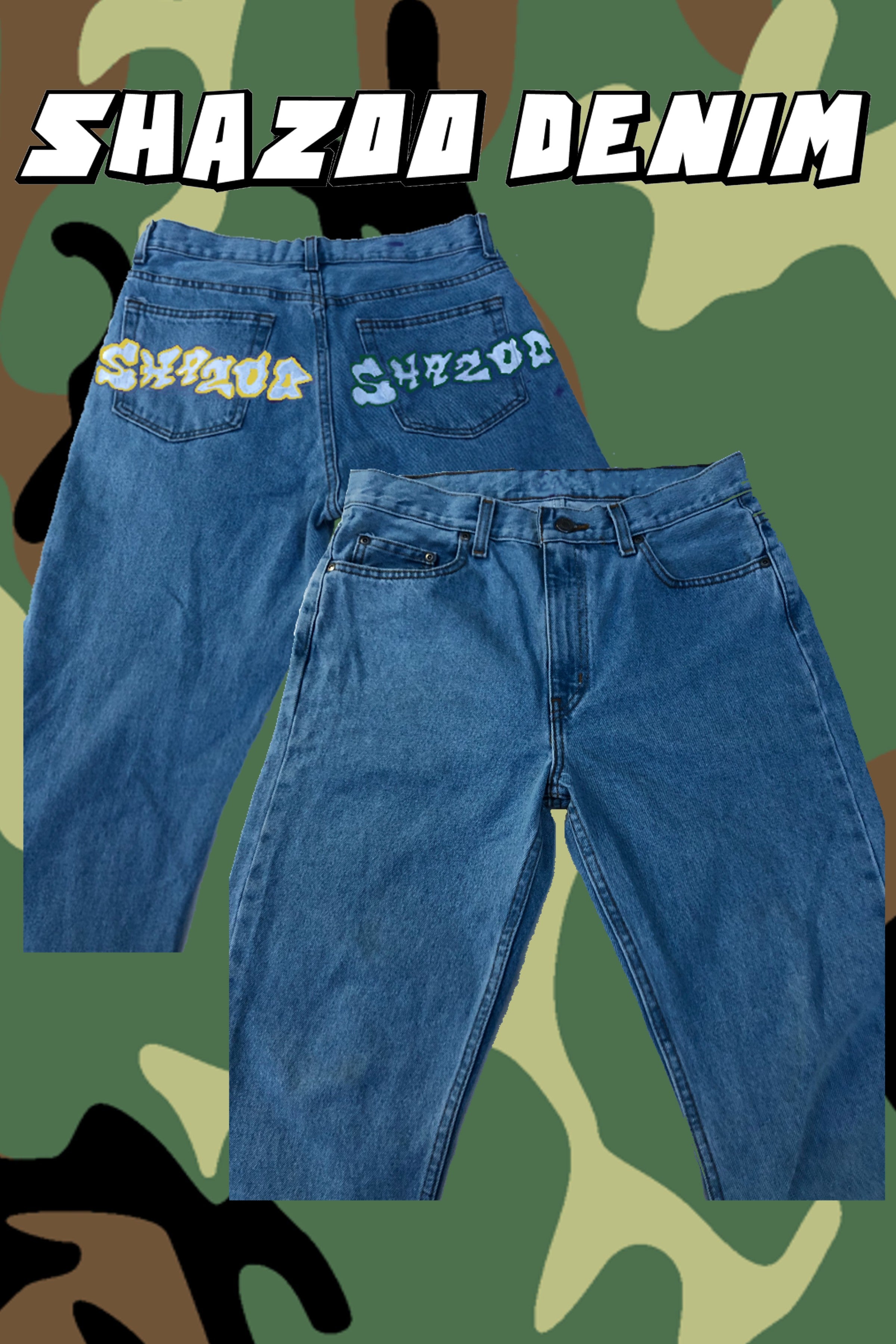 Hand painted regular fit SHAZOO denim jeans yellow and green SIZE UP 2-3  TIMES FOR BAGGY LOOK
