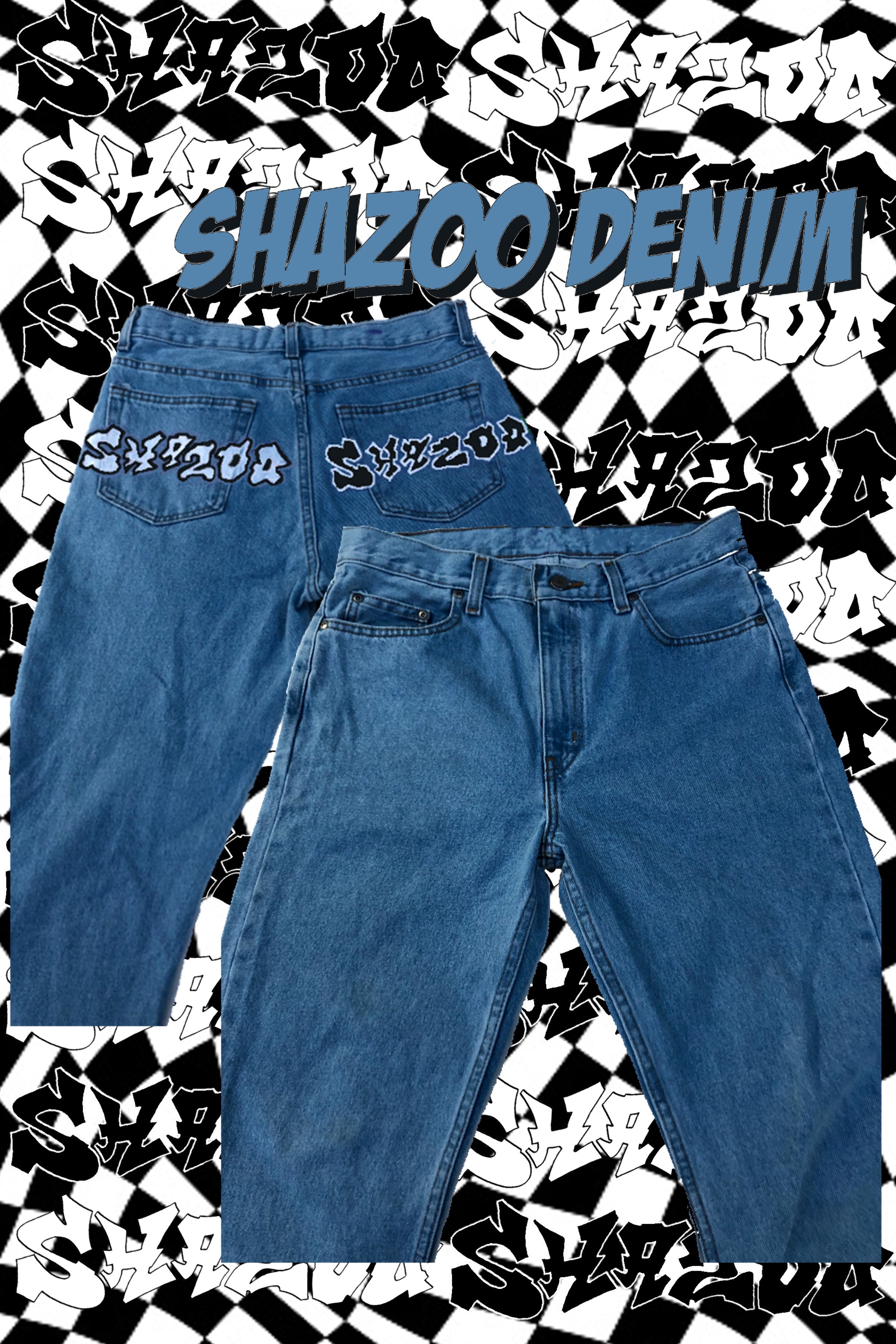 Hand painted regular fit SHAZOO denim jeans white and black SIZE UP 2-3  TIMES FOR BAGGY LOOK