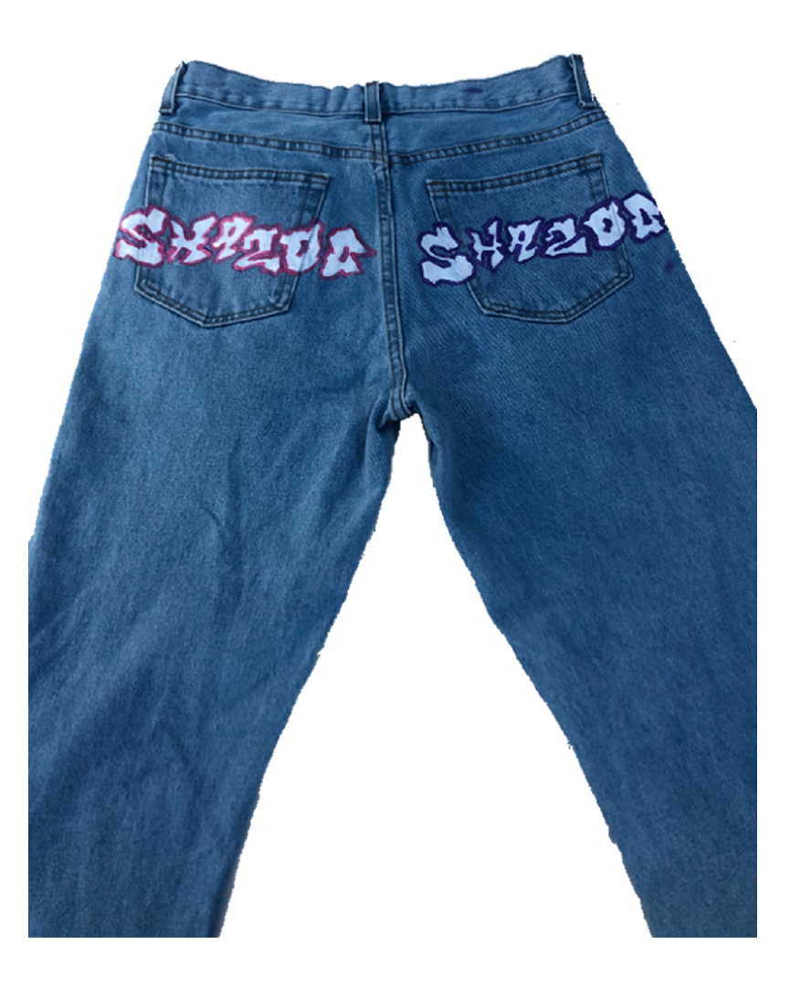 Hand painted regular fit SHAZOO denim jeans pink and purple SIZE UP 2-3 TIMES FOR BAGGY LOOK